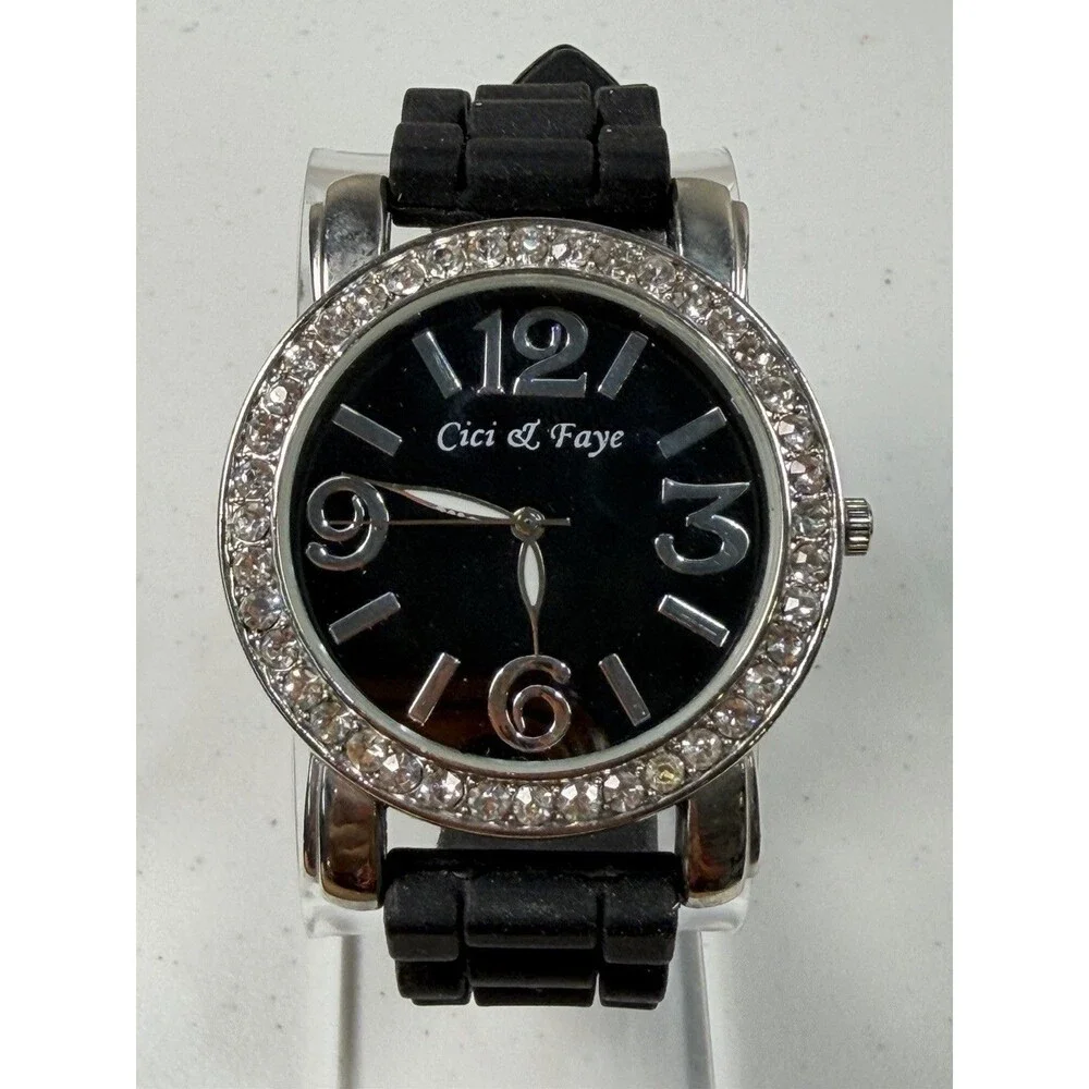 Cici & Faye Black Silicone Strap Crystal Bezel Watch 42mm